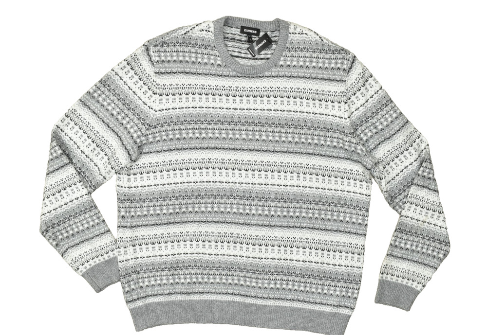 Express Mens Sweater XXL Tall Gray White Fair Isle Crew Neck Pullover NEW NWT